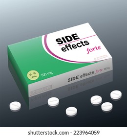 Tablets named SIDE EFFECTS forte with a dazed smiley as brand logo on the cardboard package. It is a medical fake product. Vector illustration.