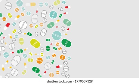 Tablets on gray.Vector illustration. Covid-19. Pandemic. Pills. Coronavirus. Seamless. Copy space