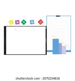tablets, paper and writing pads for calculating and analyzing finances