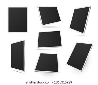 Tablets pc in white color realistic mockups set. Front, side, three quater view. Digital devices with empty screen for your image. E-readers. Vector tablet computer isolated collection illustration.