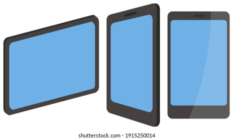 Tablets and a phone with touchscreen and black frame. Electronic technologies vector illustration. Gadgets for work and play isolated on white background. Equipment for graphic design