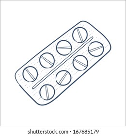 Tablets pills in a blister pack isolated on white. Sketch vector element for medical or health care design