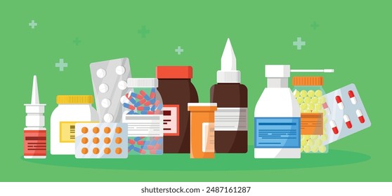 Tablets, pills, capsules, bottles, pills. Set. Pharmacy and medicine vector flat illustration.