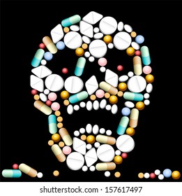 Tablets, pills and capsules, that shape a creepy skull.