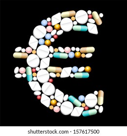 Tablets, pills and capsules, that shape an euro sign.
