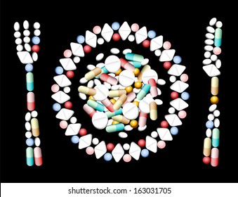 Tablets, pills and capsules, that shape fork, knife and plate