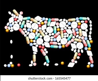 Tablets, pills and capsules, that shape a cow.