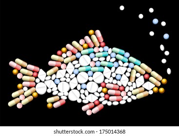 Tablets, pills and capsules, that shape a fish.