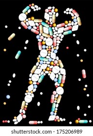 Tablets, pills and capsules, that shape a bodybuilder.