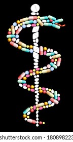 Tablets, pills and capsules, that shape the rod of asclepius.