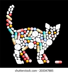 Tablets, pills and capsules, that shape the silhouette of a cat. Isolated vector illustration on black background.