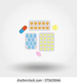 Symbole für Tablets und Pillen für Web- und mobile Anwendungen. Vektorillustration auf weißem Hintergrund.