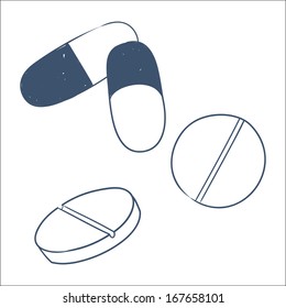 Tablets and pills isolated on white. Sketch vector element for medical or health care design
