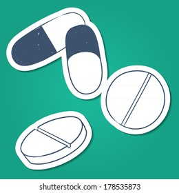 Tablets and pills. Sketch sticker vector element for medical or health care design