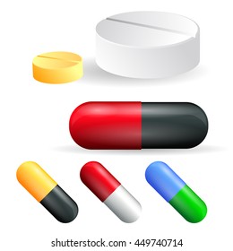 Tablets and pills vector set isolated on white background.