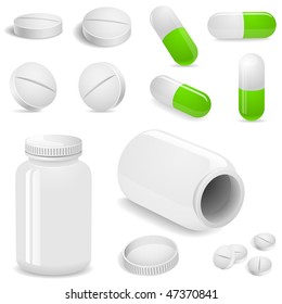 Tablets and pills vector set isolated on white.