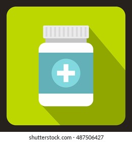 Tablets in plastic jar icon in flat style with long shadow. Medicine symbol vector illustration
