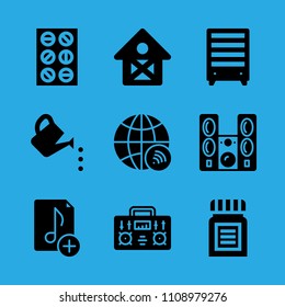 tablets, radio, bookshelf, watering can, worldwide, music file, sound system, barn and medicine vector icon. Simple icons set