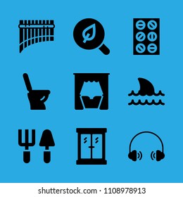 tablets, search, headphones, bed, toilet, tools, window, panpipe and shark vector icon. Simple icons set