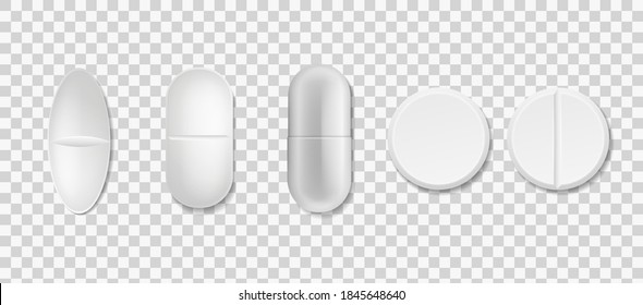 Tablets set. Vector realistic 3D white medical pill and capsule various forms front view, antibiotic, painkiller and vitamins pharmacy collection, vector isolated on transparent background drugs