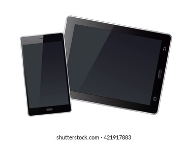 Tablets and smart phone and black screens. Vector Illustration.