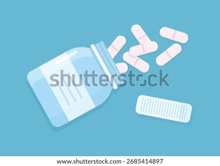 Tablets spilled out of an open medicine bottle. Container with medical capsules. Treatment of diseases, intake of vitamins and antibiotics. Prescription-only medicines in pharmaceutical packaging.