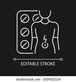 Tablets for stomach ache white linear icon for dark theme. Relaxing muscles in abdomen. Thin line customizable illustration. Isolated vector contour symbol for night mode. Editable stroke