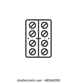 Tablets symbol. Pills in a blister pack line icon, outline vector logo illustration, linear pictogram isolated on white