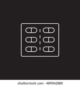 Tablets symbol. Pills in a blister pack line icon, outline vector logo illustration, linear pictogram isolated on black