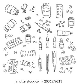 Tablets, syringe, capsule container, eye drops, thermometer, ampoules, ointment and snake bowl set. Medical hand-drawn doodle illustration. Health care, therapy, treatment concept. Isolated. Vector