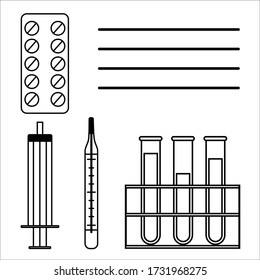 tablets syringe thermometer test tubes chemistry black and white vector illustration