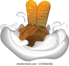 The Tablets of the Ten Commandments with Hebrew Scriptures on a white background. Torah Moshe. Boards of Moses., With milk, Special for Shavuot