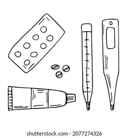 Tablets, thermometer and ointment set. Medical hand-drawn doodle illustration. Health care, therapy, treatment concept. Isolated. Vector