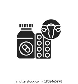 Tablets for treatment of gynecological diseases black glyph icon. Pill bottle and blister. Pictogram for web page, mobile app