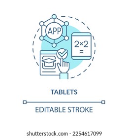 Tablets turquoise concept icon. Personal computers. Educational application of ICT abstract idea thin line illustration. Isolated outline drawing. Editable stroke. Arial, Myriad Pro-Bold fonts used