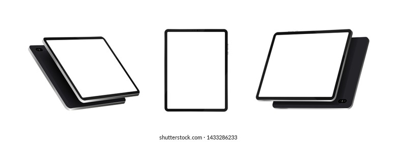 Tablets At Various Angles. Realistic Black Tablet Vector Template Isolated On White Background In Different Point Of View. Device With Touch Screen Display. 3D Gadgets, Isometry, Perspective. Vector