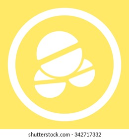 Tablets vector icon. Style is flat rounded symbol, white color, rounded angles, yellow background.