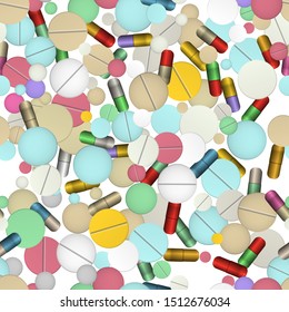 Tablets and vitamins. Vector illustration. Healthcare and medicine. Seamless pattern background.