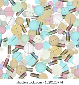 Tablets and vitamins. Vector illustration. Seamless pattern background.