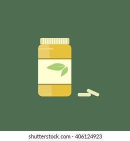 tablets in yellow plastic bottle on green background, medicine