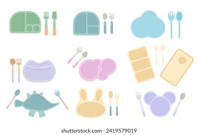 Vajilla para juego de bebé. Caja de almuerzo infantil con cubiertos. Placas de silicona vacías con cuchara y tenedor. Ilustración plana vectorial en color pastel.