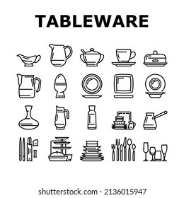 Tableware For Banquet Or Dinner Icons Set Vector. Plate For Meal And Cup For Drink, Spoon And Fork, Glass Carafe Decanter For Water Tableware. Kitchen Utensil Accessories Black Contour Illustrations