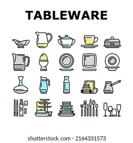 Tableware For Banquet Or Dinner Icons Set Vector. Plate For Meal And Cup For Drink, Spoon And Fork, Glass Carafe And Decanter For Water Tableware. Kitchen Utensil Accessories Color Illustrations