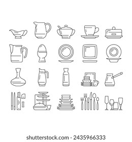 Tableware For Banquet Or Dinner Icons Set Vector. Plate For Meal And Cup For Drink, Spoon And Fork, Glass Carafe Decanter For Water Tableware. Kitchen Utensil Accessories Black Contour Illustrations