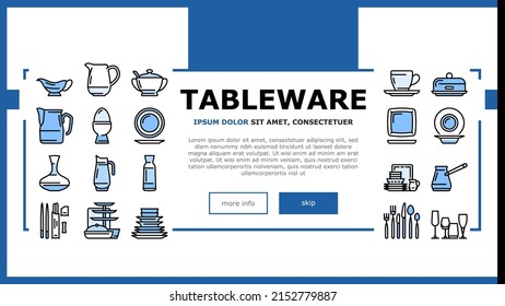 Tableware For Banquet Or Dinner Landing Web Page Header Banner Template Vector. Plate For Meal And Cup For Drink, Spoon And Fork, Glass Carafe And Decanter For Water Tableware Illustration