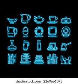 Portátil para Banquetes o Cenas, vector de señal de neón. Platos Para La Comida Y Taza Para La Bebida, Cuchara Y Horquilla, Carafa De Vidrio Y Vajilla De Agua. Ilustraciones de Accesorios Utensilios de cocina