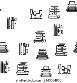 Tableware For Banquet Or Dinner Vector Seamless Pattern Thin Line Illustration
