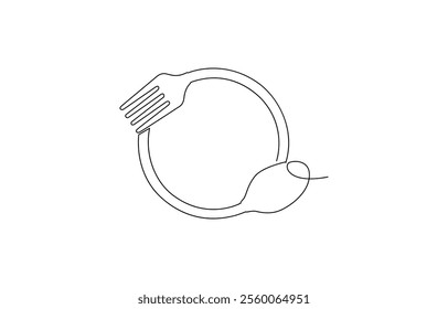 Tableware continuous one line drawing, One line  Drawing or illustration of empty plate and cutlery, One continuous one line hand drawn plate, knife and fork Simple sketch design.