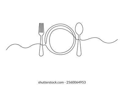 Tableware continuous one line drawing, One line  Drawing or illustration of empty plate and cutlery, One continuous one line hand drawn plate, knife and fork Simple sketch design.