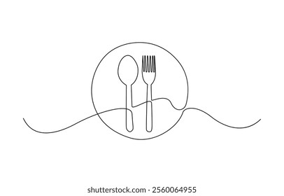 Tableware continuous one line drawing, One line  Drawing or illustration of empty plate and cutlery, One continuous one line hand drawn plate, knife and fork Simple sketch design.